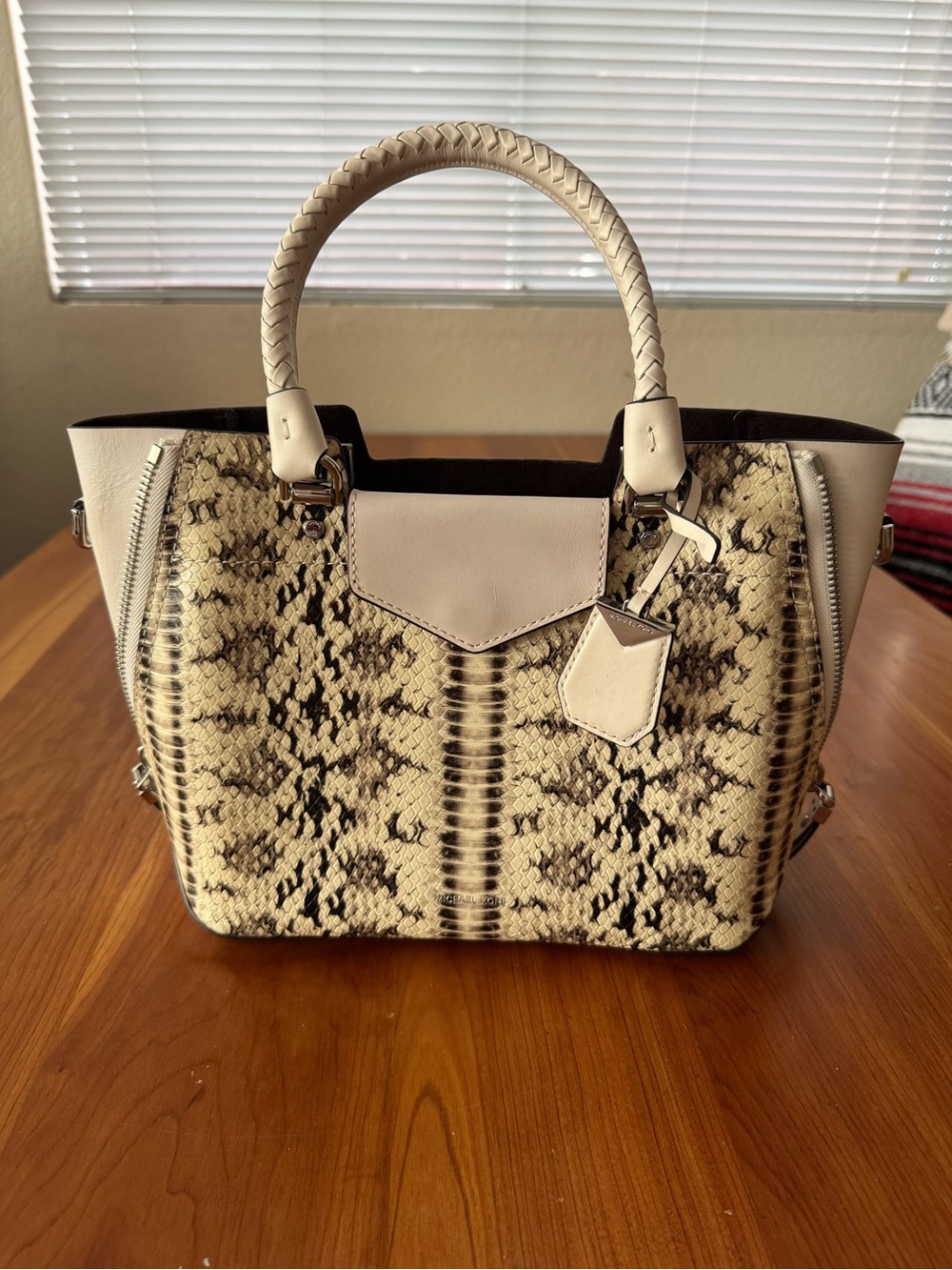 Michael Kors Cream and Black Python-Print Satchel